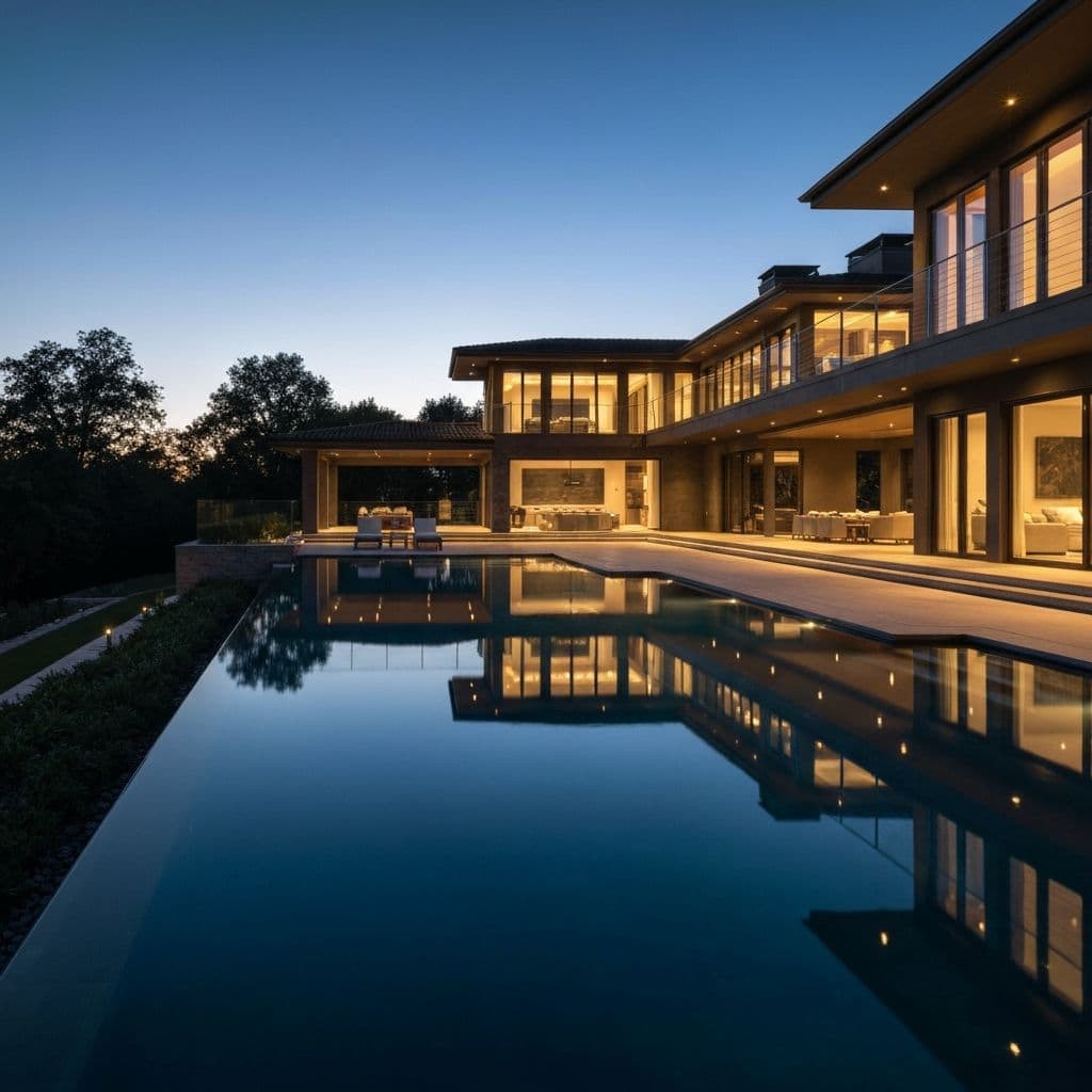 Luxury mansion with infinity pool at dusk